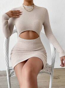 SHEIN Privé Waffle Knit Cut Out Front Bodycon Dress - Apricot - View 1
