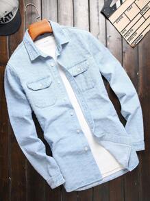 Manfinity LEGND Men Flap Pocket Denim Shirt Without Tee - Light Wash - View 1