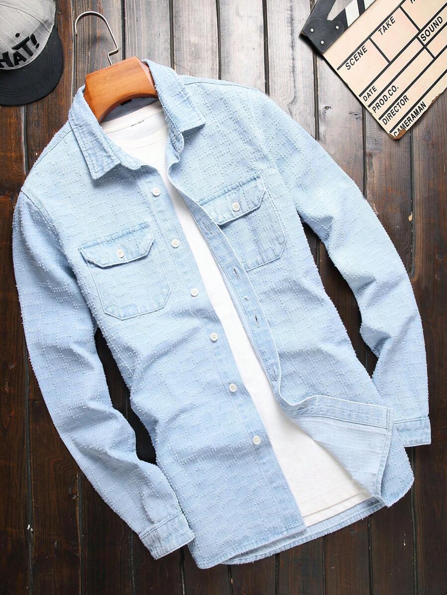 Manfinity LEGND Men Flap Pocket Denim Shirt Without Tee - Light Wash - View 1