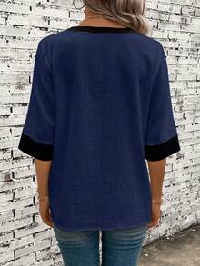 EMERY ROSE Contrast Trim Flap Pocket Blouse - Navy Blue - View 2