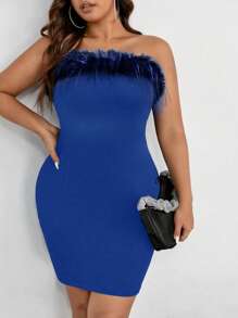 SHEIN BAE Hơn Trang trí Fuzzy Đầm bó sát ống - Màu xanh lam - Xem 1