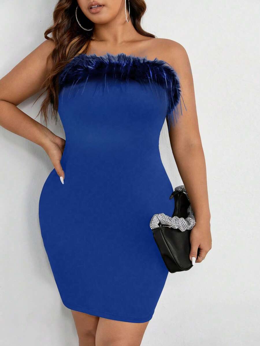 SHEIN BAE Hơn Trang trí Fuzzy Đầm bó sát ống - Màu xanh lam - Xem 1