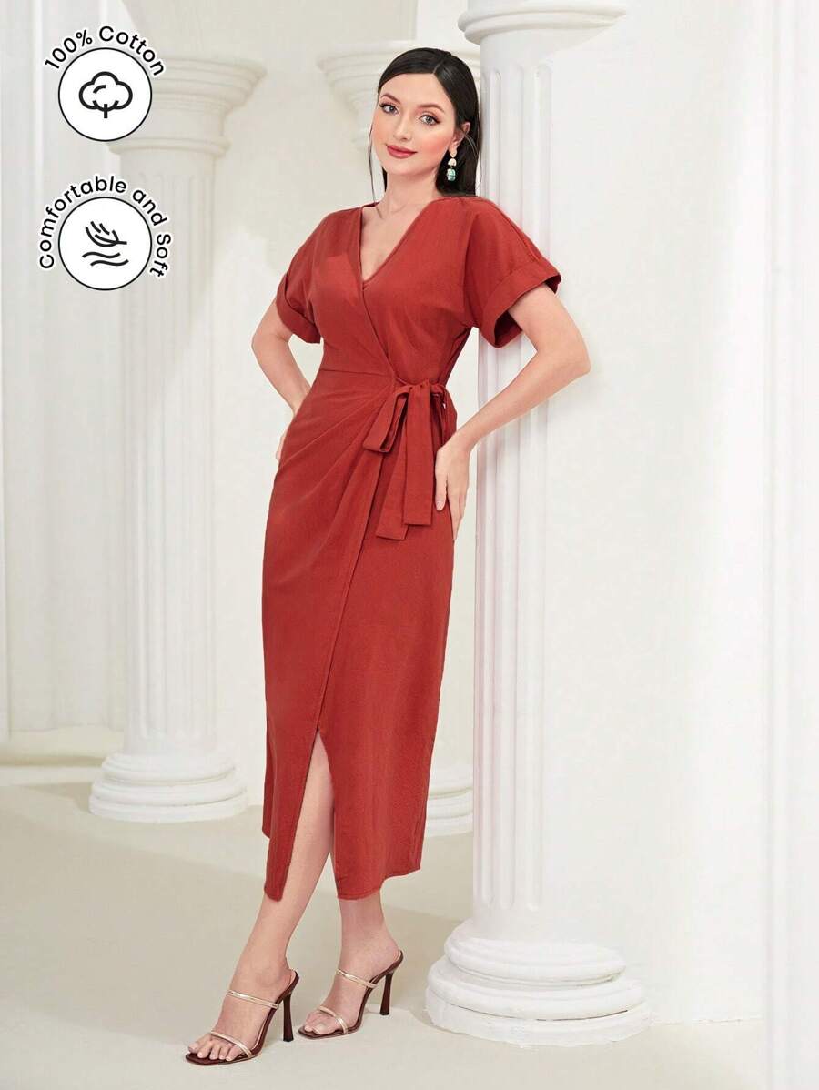 Seusyu 素色圍裹側打結連衣裙 - 紅色 - 查看 1