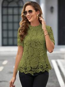 SHEIN Clasi Ren Guipure Cổ giả Áo sơ mi - màu xanh lá - Xem 3