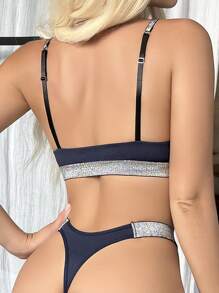 金屬亮絲織帶內衣套裝 - 藏蓝色 - 查看 2