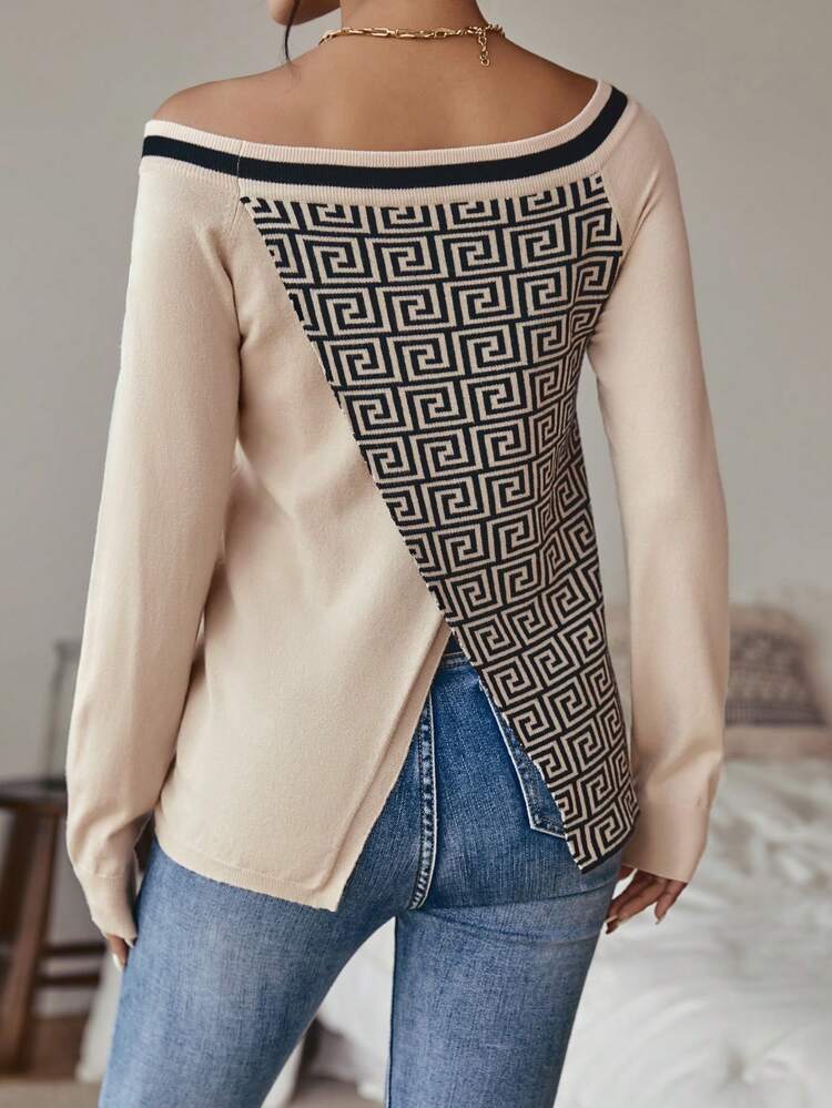 Geo Pattern Striped Trim Off Shoulder Sweater