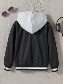 SHEIN Tween Boy Letter Graphic Striped Trim Jacket With Detachable Hood Without Tee - Black - View 2