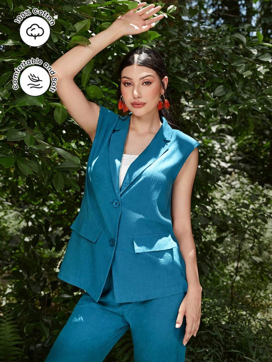 Seusyu Lapel Neck Vest Blazer & Pants Without Belt - Teal Blue - View 1