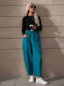 SHEIN LUNE Chất rắn Túi Kép Eo đàn hồi Quần - Màu xanh ngọc - Xem 5