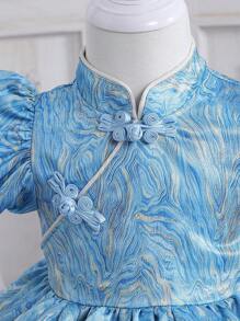 女嬰提花泡泡袖旗袍領派對禮服