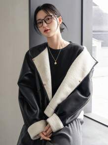 DAZY Lót Teddy Đôi ngực Da giả Áo khoác - màu đen - Xem 2