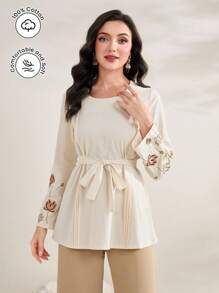 Mulvari Floral Embroidery Belted Blouse - Beige - View 1