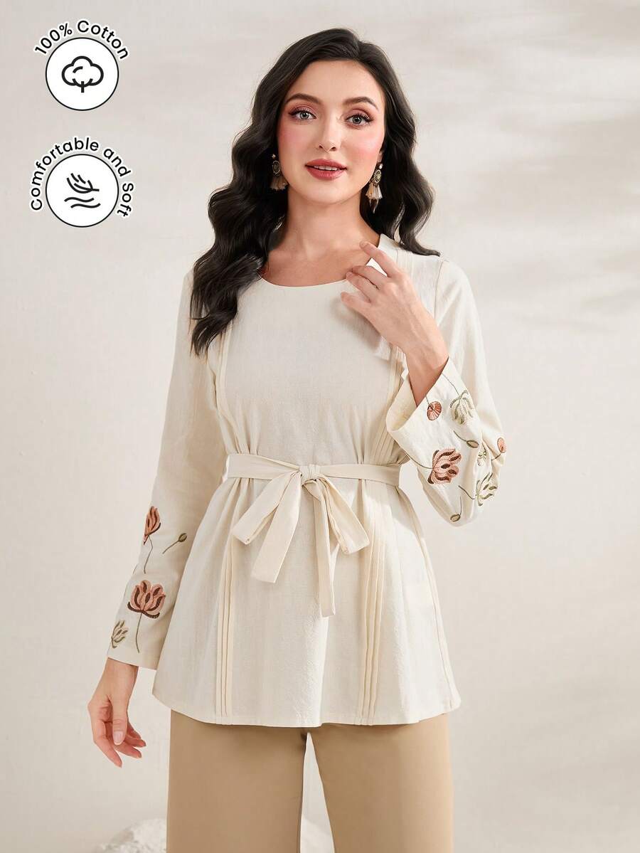 Mulvari Floral Embroidery Belted Blouse - Beige - View 1