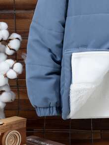 SHEIN Tween Boy 拉链贴片细节连帽棉服外套（不含毛衣） - 霧霾藍 - 查看 5