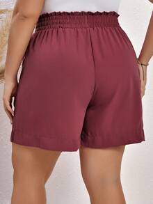 SHEIN LUNE Talla grande Shorts de cintura con volante con bolsillo oblicuo - Color caoba - Ver 2