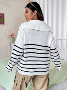 Flirla 大碼條紋圖案半拉鏈落肩袖套頭毛衣 - 黑與白 - 查看 2