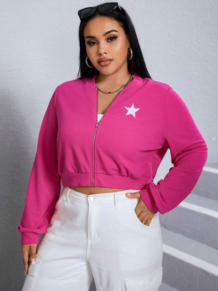 SHEIN EZwear Talla grande Cazadora tipo bomber con estampado de estrella con cremallera - Rosa Fucsia - Ver 6