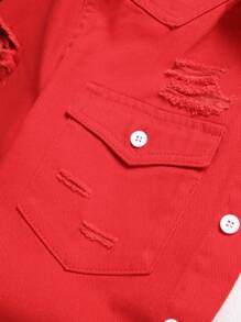 Manfinity Homme Men Ripped Flap Pocket Denim Shirt Without Tee - Red - View 6