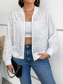 SHEIN Franclia Plus Eyelet Embroidery Zip Up Bomber Jacket - White - View 1