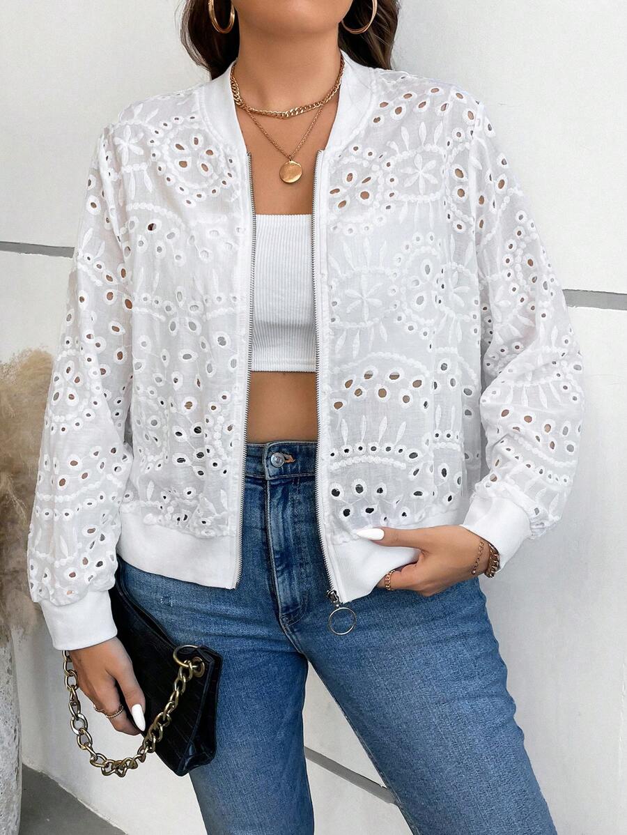 SHEIN Franclia Plus Eyelet Embroidery Zip Up Bomber Jacket - White - View 1