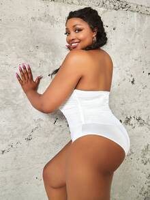 Plus Mesh Ruched Tube Corset Bodysuit - White - View 2