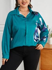 SHEIN Essnce Hơn In hoa Nút phía trước Áo sơ mi - màu xanh lá - Xem 3