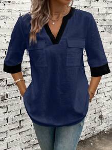 EMERY ROSE Contrast Trim Flap Pocket Blouse - Navy Blue - View 1
