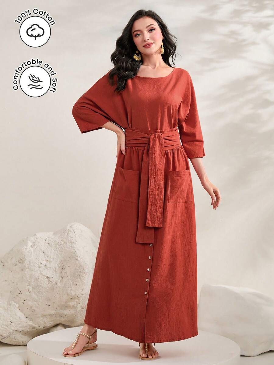 Mulvari 蝙蝠袖腰帶襯衫&前紐扣半身裙 - 鏽棕色 - 查看 1