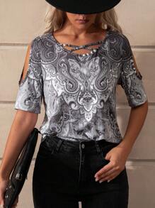 SHEIN LUNE Paisley Print Cold Shoulder Tee - Black - View 1