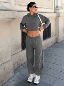 EURMUSE Solid Crop Hoodie & Sweatpants - Dark Grey - View 1
