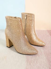 Botines Cortos De Tacón Grueso Para Fiestas De Moda Con Brillo Para Mujeres, Botines De Tacón Alto Para Tobillo - Dorado - Ver 7