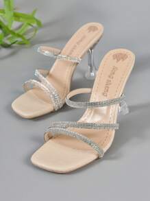 Của phụ nữ Đúng mốt Chóp giầy hình vuông , Chóp giầy mở ra , Đồ trang trí Rhinestone Dây đeo , Trong suốt Giày cao gót , Dao găm nhỏ Gót chân , Mùa hè Dép xăng đan - Màu be - Xem 4