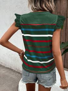 SHEIN LUNE In sọc Viền Ruffle Áo thun - Màu xanh lá cây đậm - Xem 2