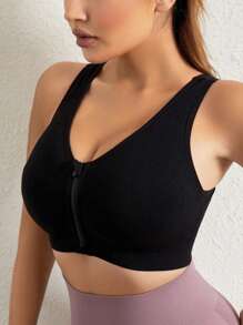 Solid Zip Up Bra - Black - View 1