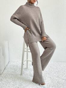 Firerie 高領落肩袖下擺開叉套頭毛衣和針織褲 - 灰色 - 查看 6