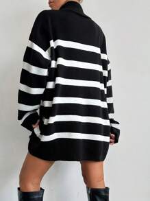 EURMUSE Women's Turtleneck Oversized Drop Shoulder Long Sleeve Long Sweater - Black and White - View 2