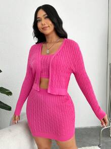 SHEIN MOD 大碼麻花編織開襟開衫&針織吊帶上衣&針織短裙 - 玫紅色 - 查看 6
