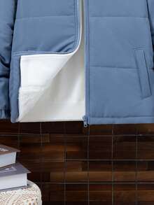 SHEIN Tween Boy 拉链贴片细节连帽棉服外套（不含毛衣） - 霧霾藍 - 查看 6