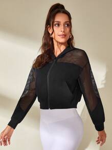 SHEIN Sports Contrast Fishnet Hooded Crop Sports Jacket - Black - View 4