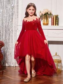 SHEIN 女大童網紗拼接高低下擺派對禮服適用於聖誕 - 紅色 - 查看 1