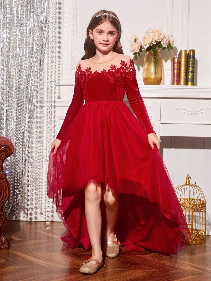 SHEIN 女大童網紗拼接高低下擺派對禮服適用於聖誕 - 紅色 - 查看 1