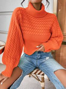 Chiquease Turtleneck Cable Knit Lantern Sleeve Sweater Knit Pullover Fall Winter Outfit - Orange - View 1
