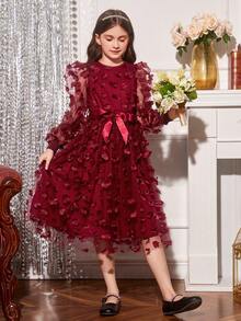 SHEIN 女大童1入組貼花網紗覆蓋腰帶潮汐洋裝適用於聖誕 - 酒紅色 - 查看 3
