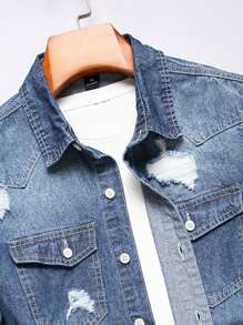 Manfinity Homme Men Ripped Frayed Raw Hem Denim Shirt Without Tee, Oversize Long Sleeve Button Up Blue  Rapper Denim Shirt - Medium Wash - View 8