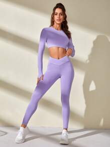 Solid Thumbholes Sports Set With Phone Pocket - Mauve Purple - View 4