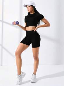 Gameset SHEIN Sport Bộ đồ thể thao tay Raglan trơn màu đen quần short biker tập luyện cho nữ Bộ đồ tập luyện cho nữ Bộ đồ tập gym cho nữ - màu đen - Xem 4