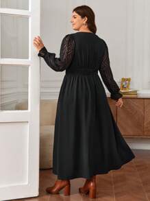 SHEIN Frenchy Plus Contrast Mesh Flounce Sleeve Split Thigh Dress - Black - View 2