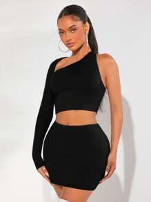 SHEIN SXY Solid One Shoulder Crop Top & Bodycon Skirt