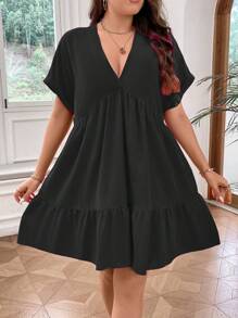 SHEIN Franclia Talla grande Vestido smock de manga murciélago bajo con fruncido - Negro - Ver 1