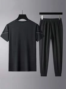 Men Contrast Tape Tee & Drawstring Waist Sweatpants - Black - View 2